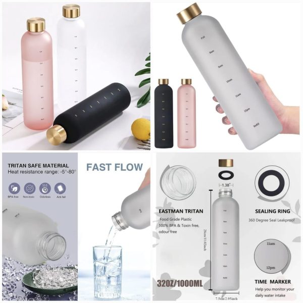 Motivational Time Marker Water Bottle – 1L Reusable Leakproof Bottle for Gym, Travel & Outdoor