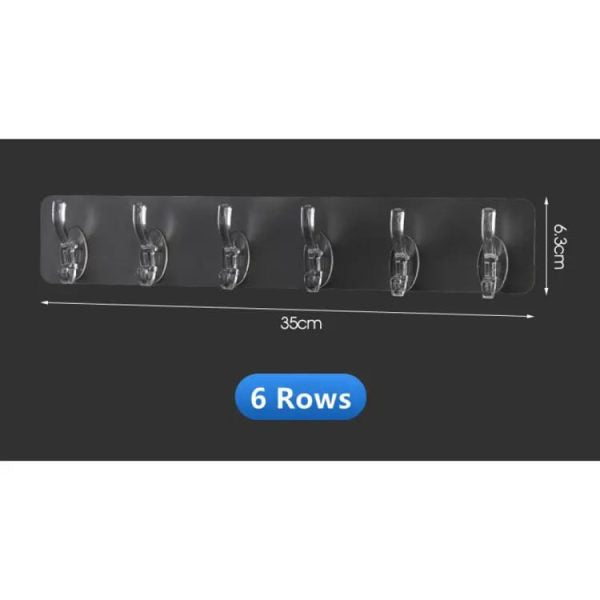 Pack of 3 Transparent 6-Row Wall Hooks – Self-Adhesive Key, Towel, and Clothes Hanger