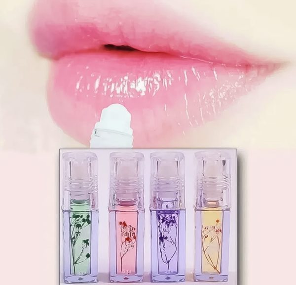 Pack of 4 Flower-Infused Transparent Lip Oils – Hydrating Gloss (5ml Each)