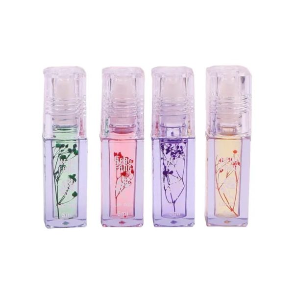 Pack of 4 Flower-Infused Transparent Lip Oils – Hydrating Gloss (5ml Each)