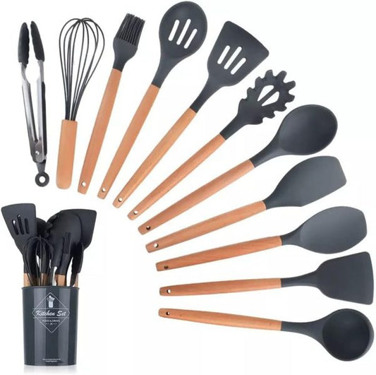 Heat Resistant Silicone Utensil Set – Wooden Handle Kitchen Tools