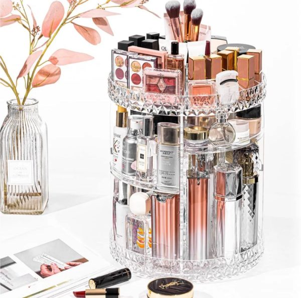 360° Rotating Crystal Makeup Organizer – Adjustable Cosmetic Display Stand for Vanity & Bathroom