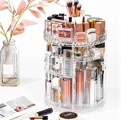 360° Rotating Crystal Makeup Organizer – Adjustable Cosmetic Display Stand for Vanity & Bathroom