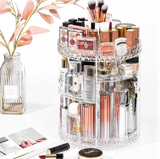 360° Rotating Crystal Makeup Organizer – Adjustable Cosmetic Display Stand for Vanity & Bathroom