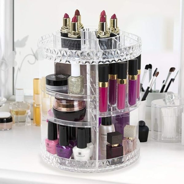 360° Rotating Crystal Makeup Organizer – Adjustable Cosmetic Display Stand for Vanity & Bathroom