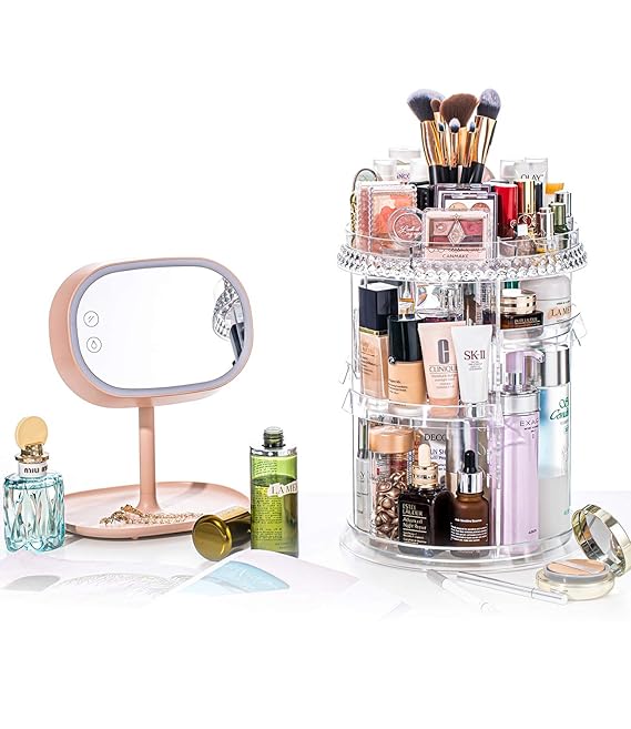 360° Rotating Crystal Makeup Organizer – Adjustable Cosmetic Display Stand for Vanity & Bathroom