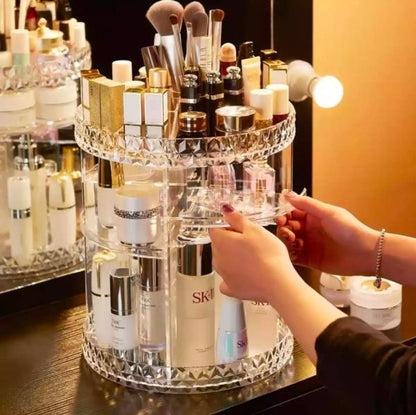 360° Rotating Crystal Makeup Organizer – Adjustable Cosmetic Display Stand for Vanity & Bathroom