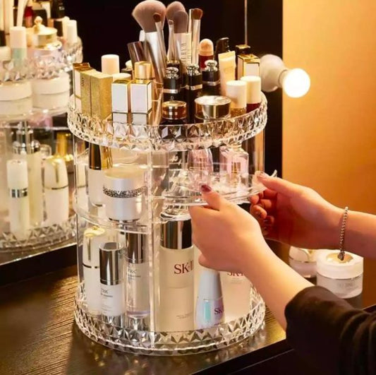 360° Rotating Crystal Makeup Organizer – Adjustable Cosmetic Display Stand for Vanity & Bathroom