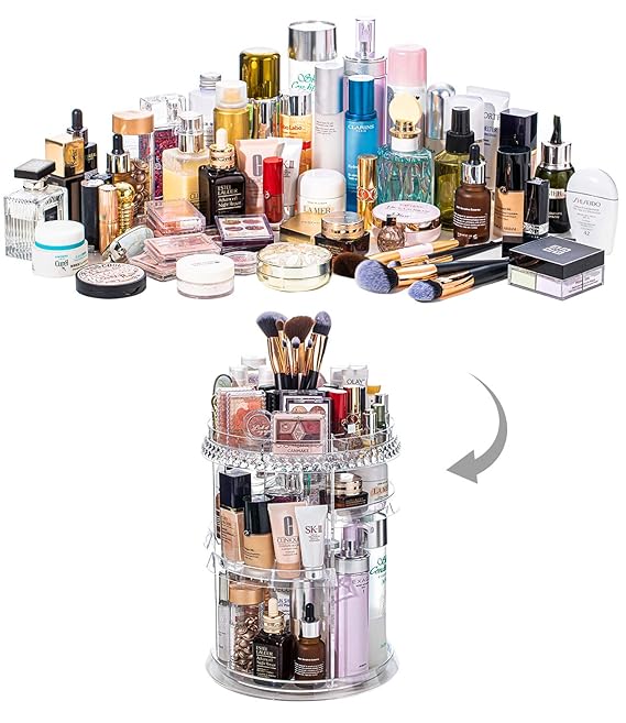 360° Rotating Crystal Makeup Organizer – Adjustable Cosmetic Display Stand for Vanity & Bathroom