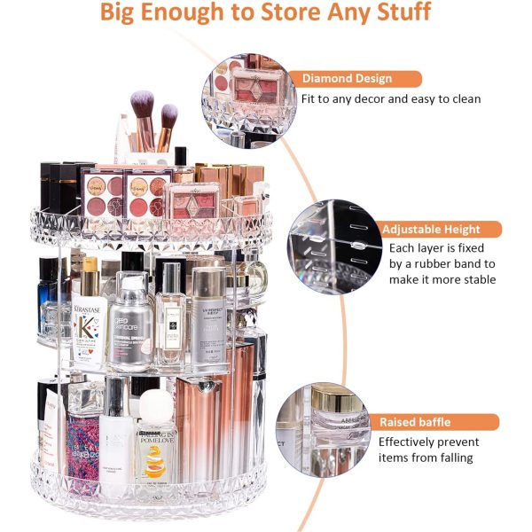 360° Rotating Crystal Makeup Organizer – Adjustable Cosmetic Display Stand for Vanity & Bathroom
