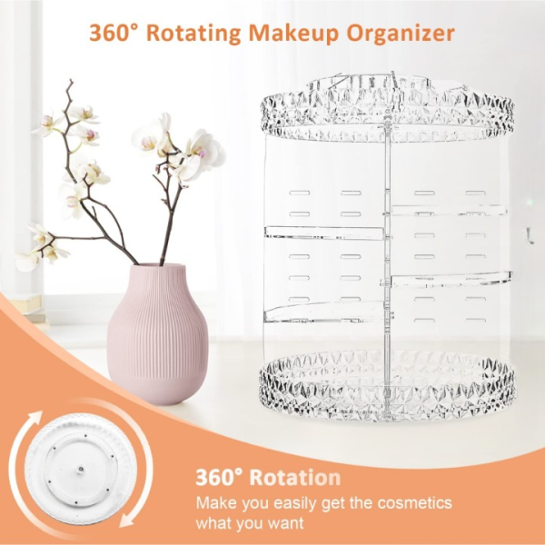 360° Rotating Crystal Makeup Organizer – Adjustable Cosmetic Display Stand for Vanity & Bathroom