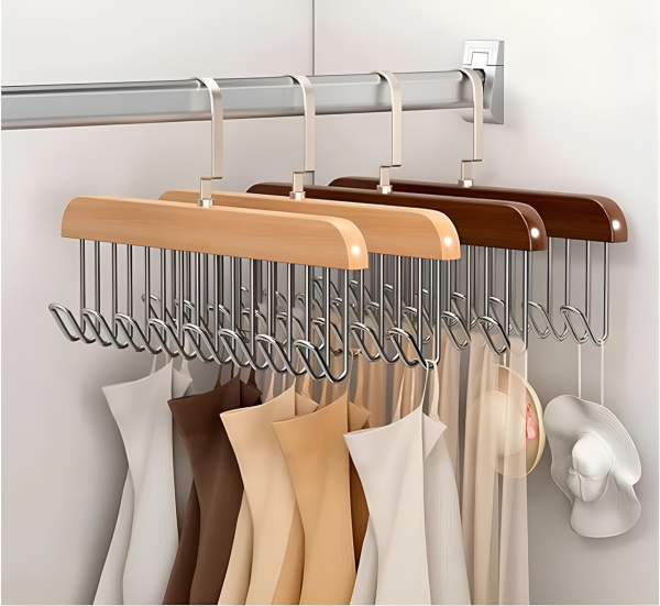 8 Hooks Wooden Clothes Hanger With Tie Rack Belt Hangers With 360°rotating