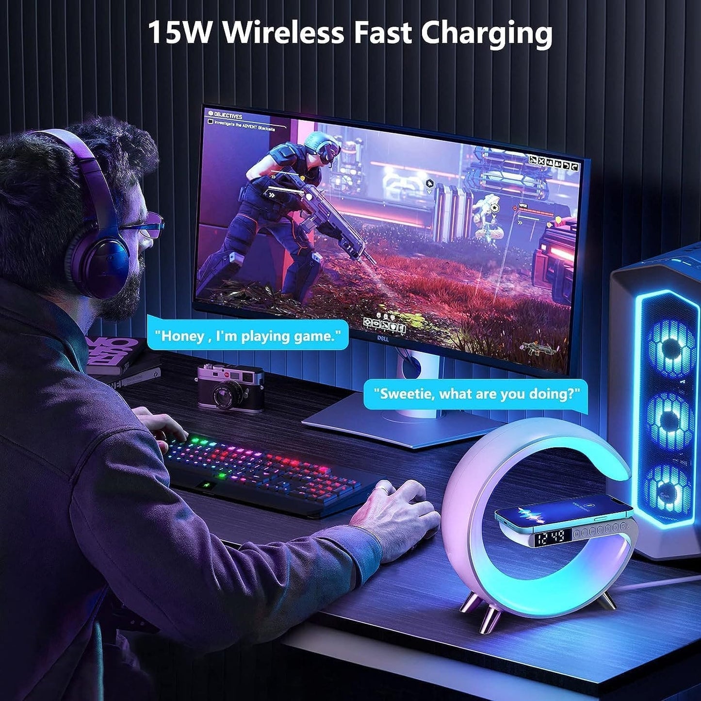 G Lamp Smart Bluetooth Speaker & Wireless Charger with RGB LED, TF Card, AUX for iPhone 14/13, Samsung
