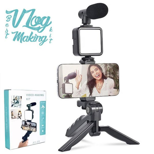 AY-49 Vlogger Video Kit – Vlog Microphone, LED Fill Light, Mini Tripod & Mobile Holder