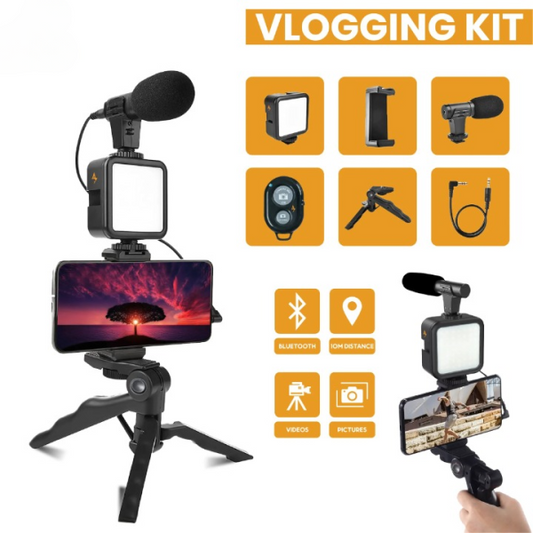 AY-49 Vlogger Video Kit – Vlog Microphone, LED Fill Light, Mini Tripod & Mobile Holder