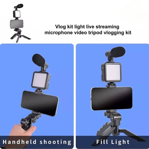 AY-49 Vlogger Video Kit – Vlog Microphone, LED Fill Light, Mini Tripod & Mobile Holder
