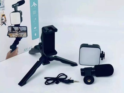 AY-49 Vlogger Video Kit – Vlog Microphone, LED Fill Light, Mini Tripod & Mobile Holder