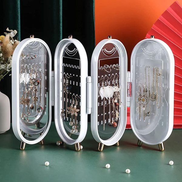 Jewelry Box Organizer with Mirror – Foldable Dustproof Storage Case for Earrings, Necklaces & Bracelets
