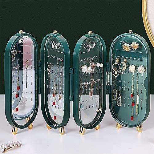 Jewelry Box Organizer with Mirror – Foldable Dustproof Storage Case for Earrings, Necklaces & Bracelets