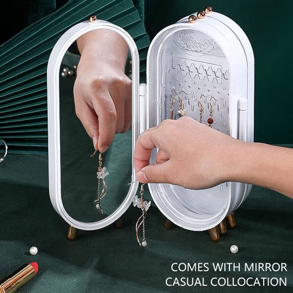 Jewelry Box Organizer with Mirror – Foldable Dustproof Storage Case for Earrings, Necklaces & Bracelets
