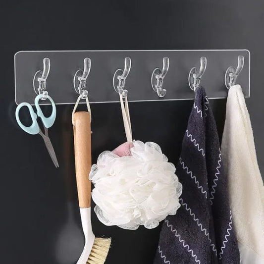 Pack of 3 Transparent 6-Row Wall Hooks – Self-Adhesive Key, Towel, and Clothes Hanger