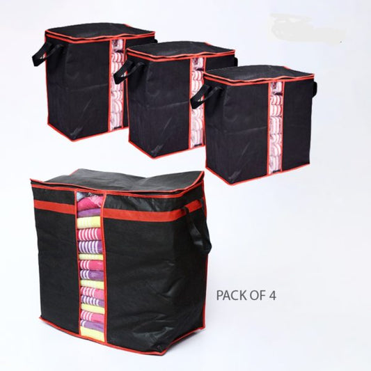 Pack of 4 Black Storage Blanket Bags – Folding Cloth Organizer for Wardrobe