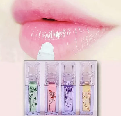 Pack of 4 Flower-Infused Transparent Lip Oils – Hydrating Gloss (5ml Each)