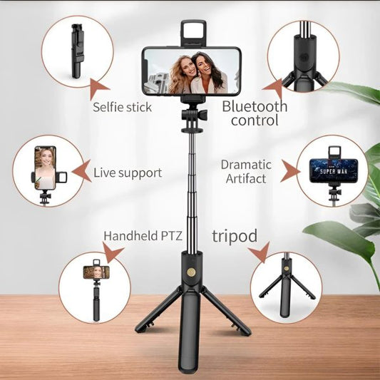 R1S Selfie Stick with Tripod – Bluetooth Foldable Selfie Rod for Phone & Action Camera, iPhone, Random Color